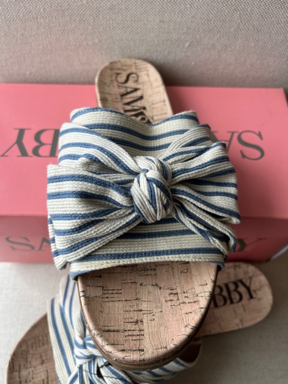 Sam & Libby Cream and Blue Striped Bow Slide Mules - Picture 3 of 6